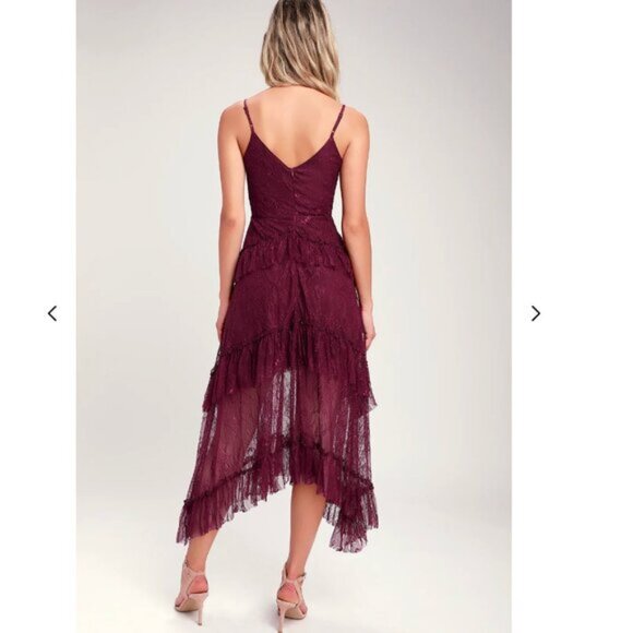 Lulu's Wonderfully Whimsical Burgundy Lace Ruffled Midi Dress - Picture 3 of 13